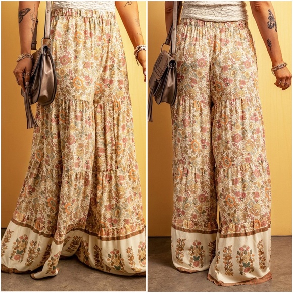 031 Boho Floral Patchwork Print Wide leg Pants - Picture 2 of 2
